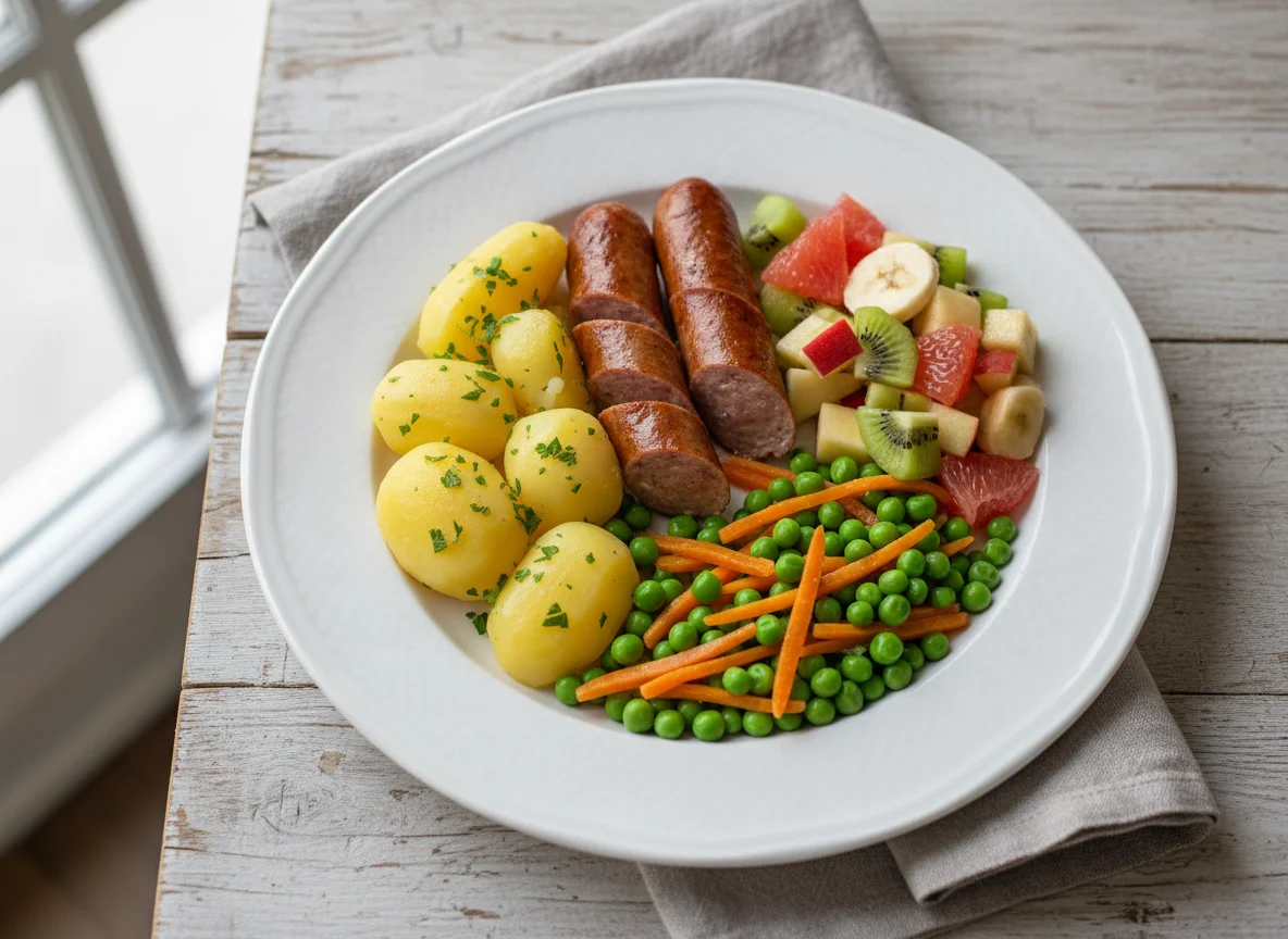 Kartoffeln mit Wurst, Erbsen, Karotten und Obstsalat photo