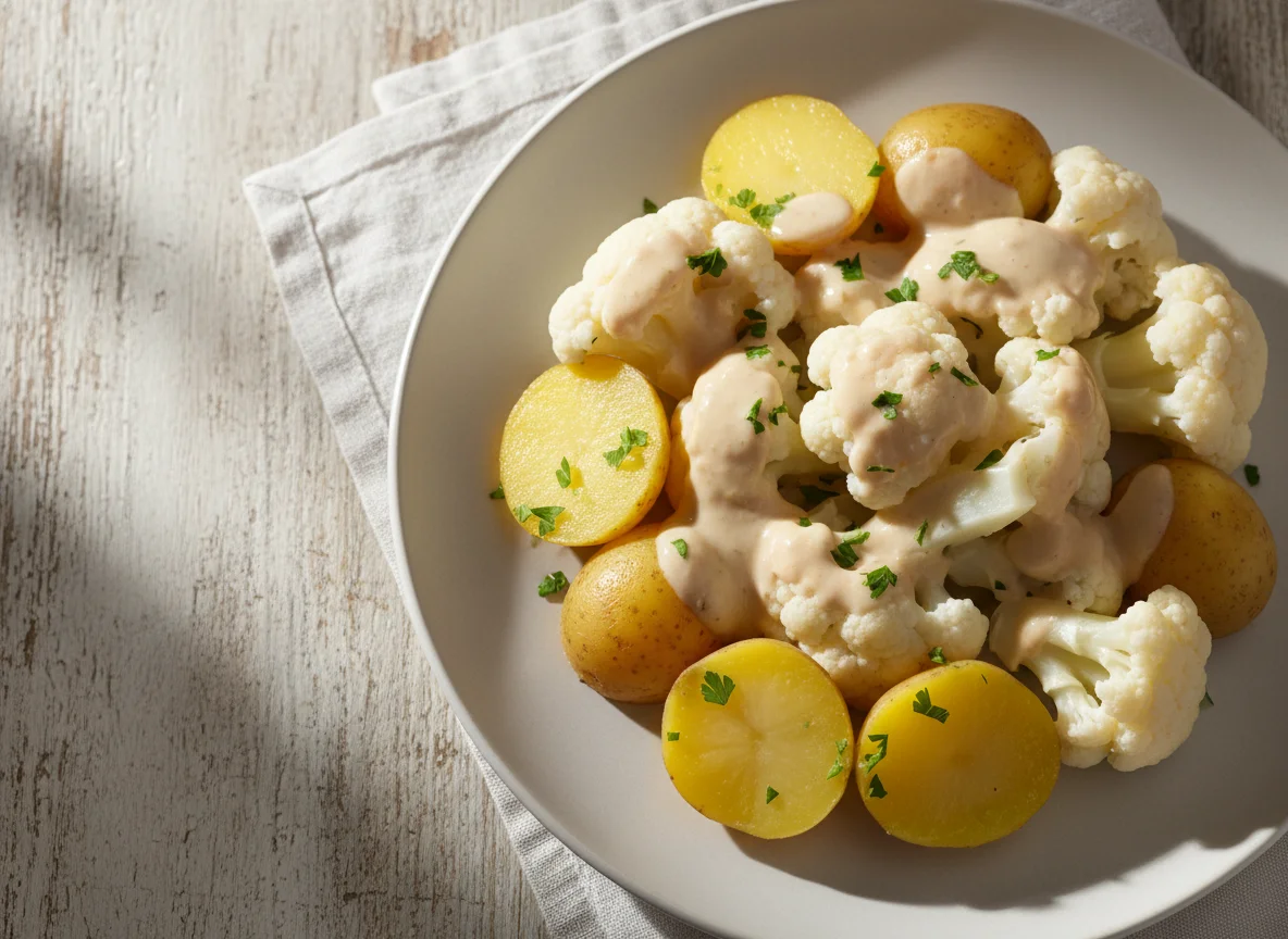 Kartoffeln und Blumenkohl mit Sauce photo