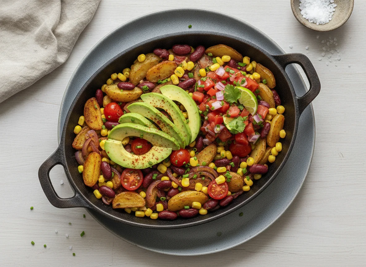 Kartoffelpfanne mit Avocado und Salsa photo