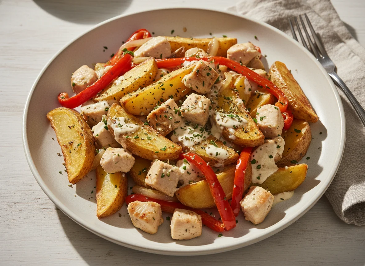 Kartoffelpfanne mit Hähnchen und Gemüse photo