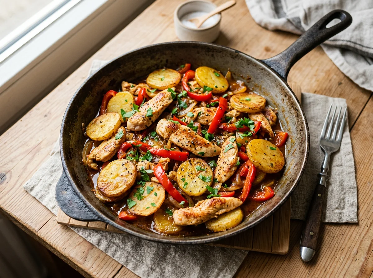 Kartoffelpfanne mit Hähnchen und Paprika photo