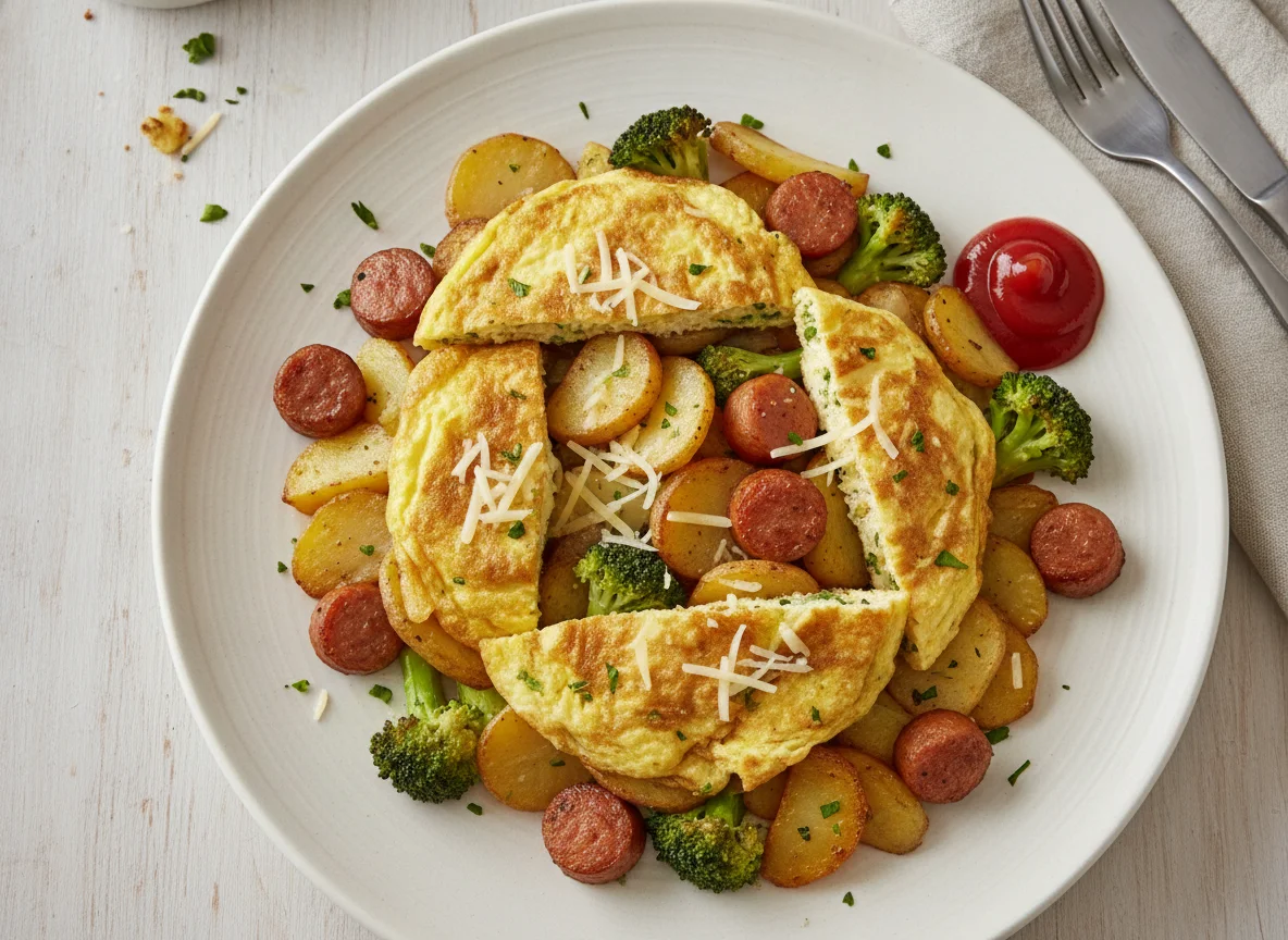 Kartoffelpfanne mit Würstchen, Omelett und Brokkoli photo