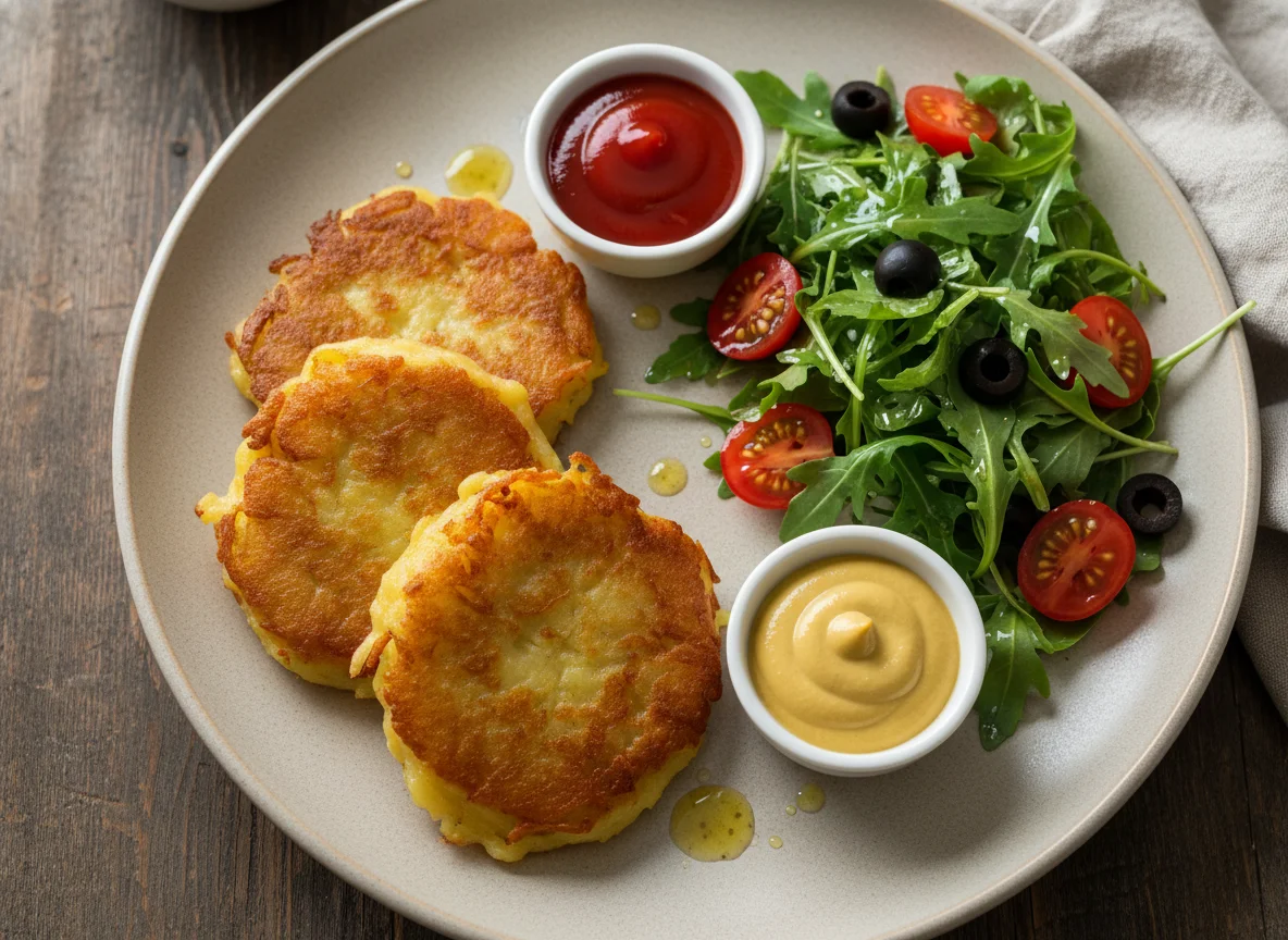 Kartoffelpuffer mit Ketchup, Senf und Rucola-Tomaten-Salat photo