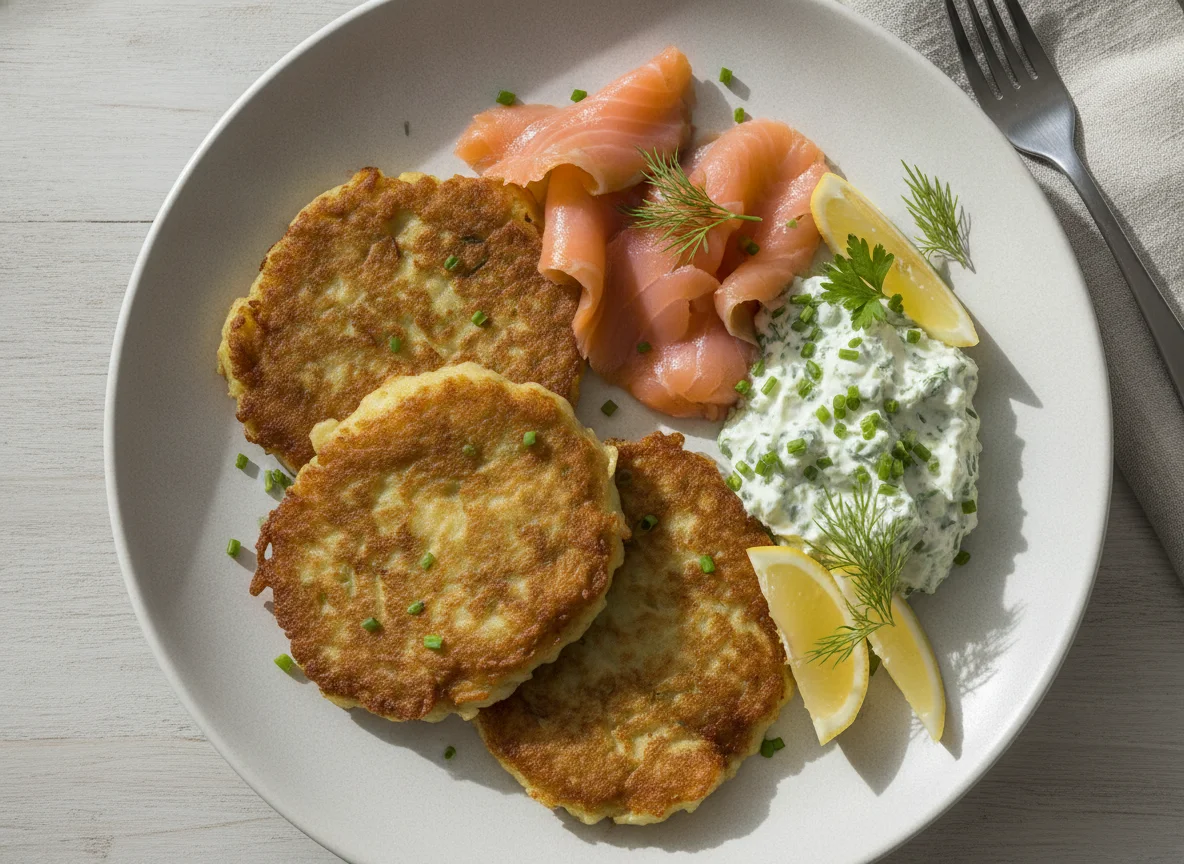 Kartoffelpuffer mit Räucherlachs und Kräuterquark photo