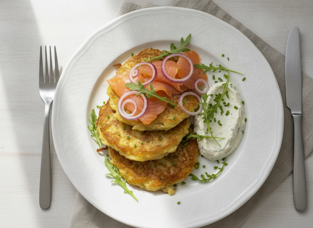 Kartoffelpuffer mit Räucherlachs und Meerrettichcreme photo
