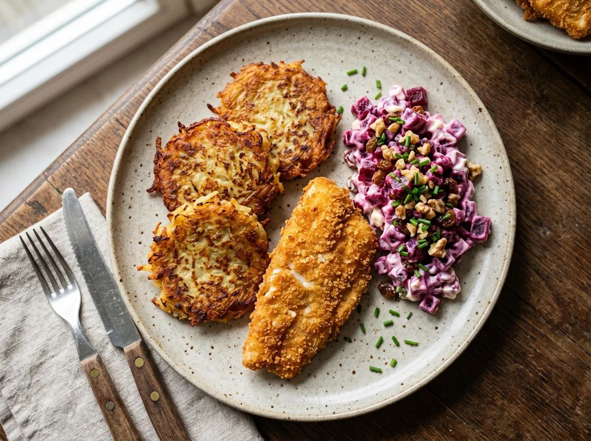 Kartoffelpuffer mit Rote-Bete-Salat und paniertem Fisch photo