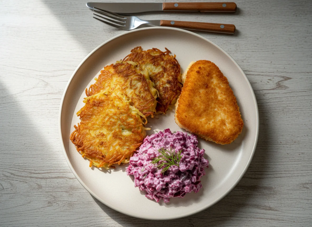 Kartoffelpuffer mit Rote-Bete-Salat und paniertem Käse photo