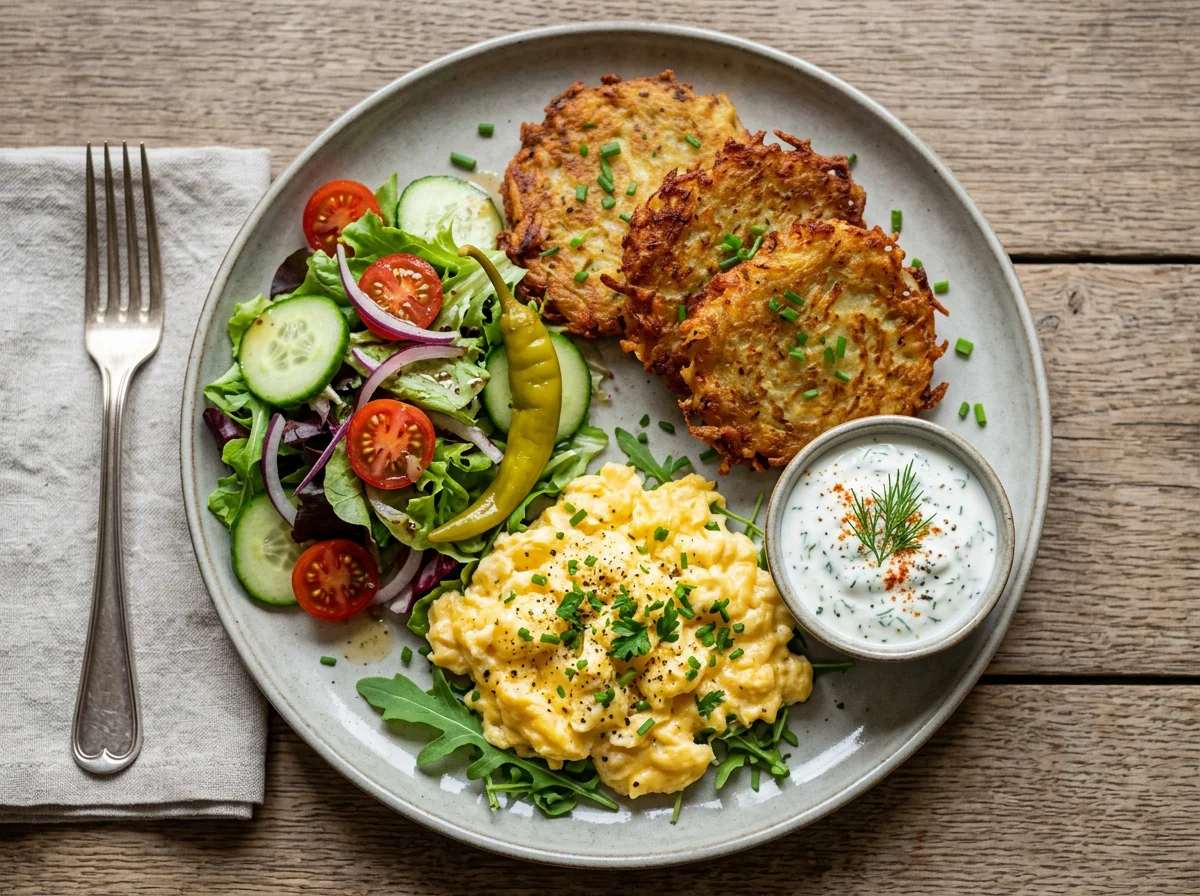 Kartoffelpuffer mit Rührei und Salat photo