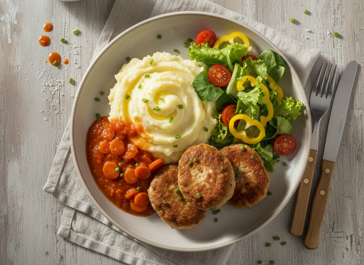 Kartoffelpüree mit Frikadellen und Salat photo