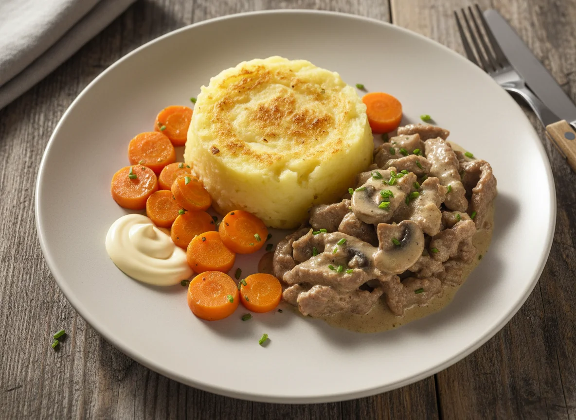 Kartoffelpüree mit Geschnetzeltem, Karotten und Mayonnaise photo
