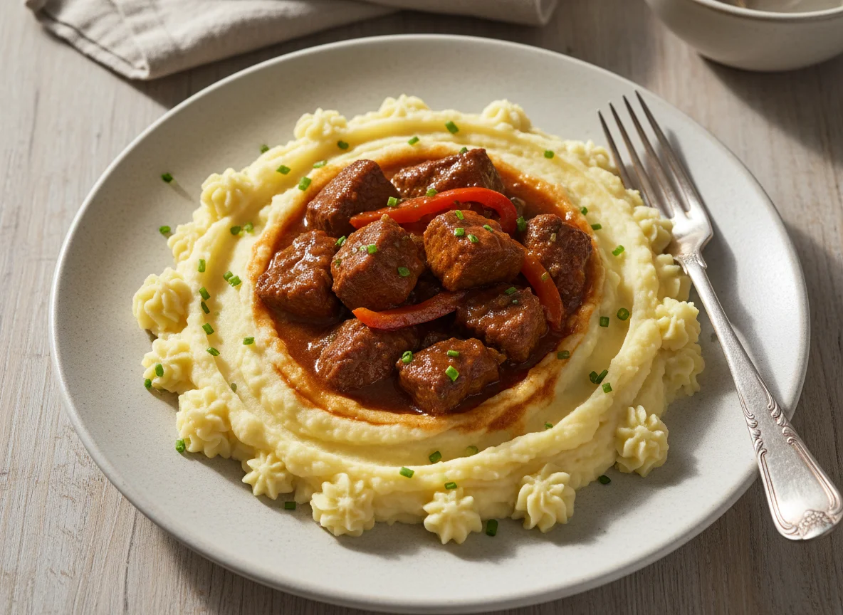 Kartoffelpüree mit Gulasch photo