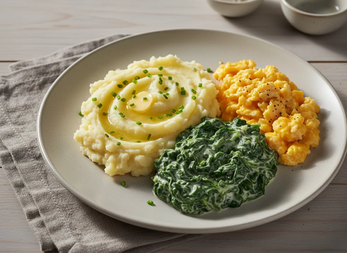 Kartoffelpüree mit Rahmspinat und Rührei photo