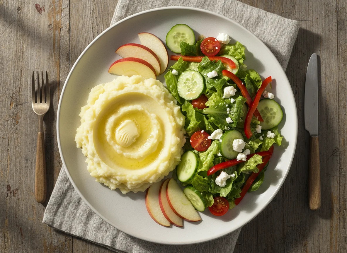 Kartoffelpüree mit Salat und Apfel photo