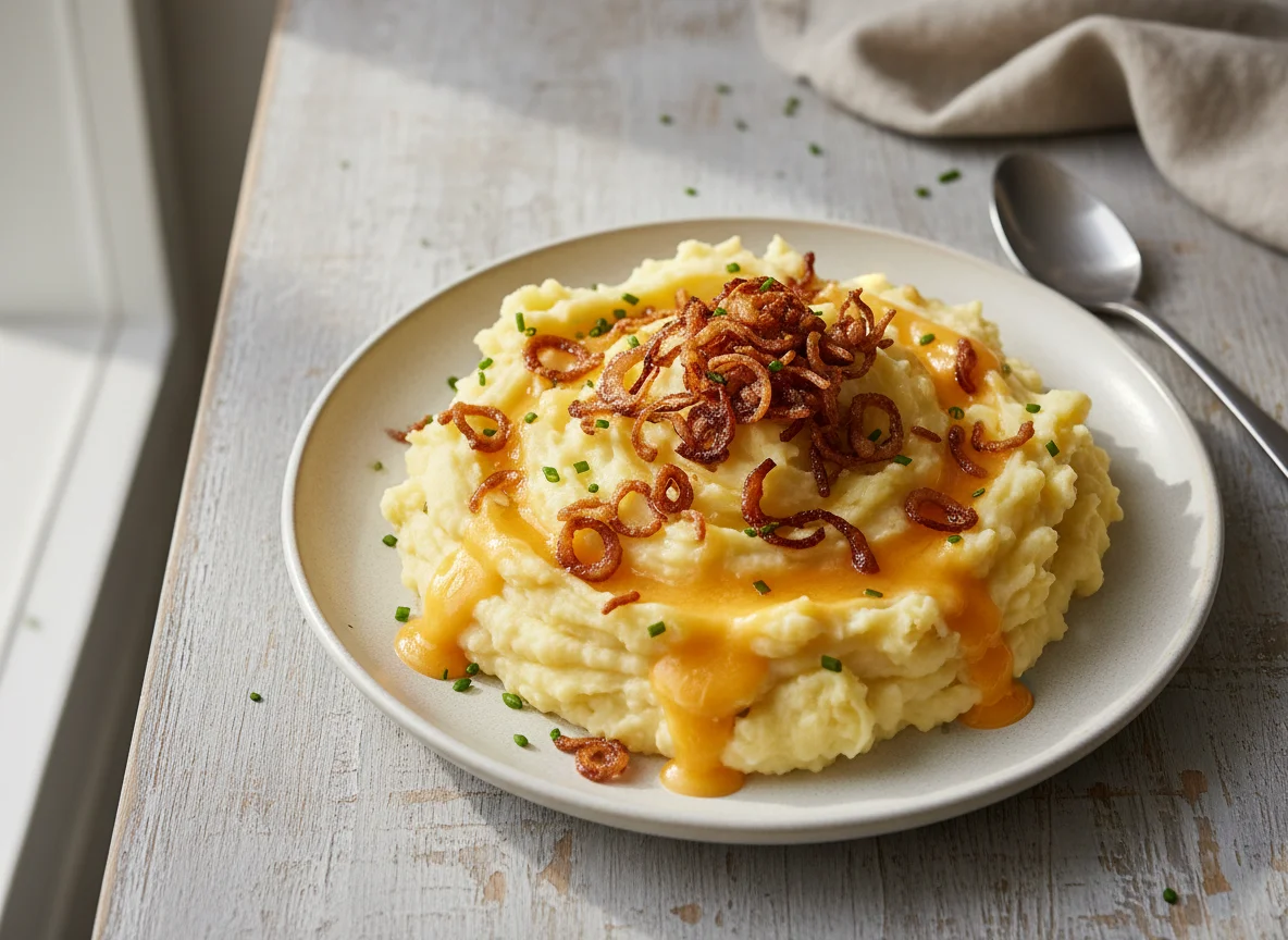 Kartoffelpüree mit Schmelzkäse & Röstzwiebeln photo
