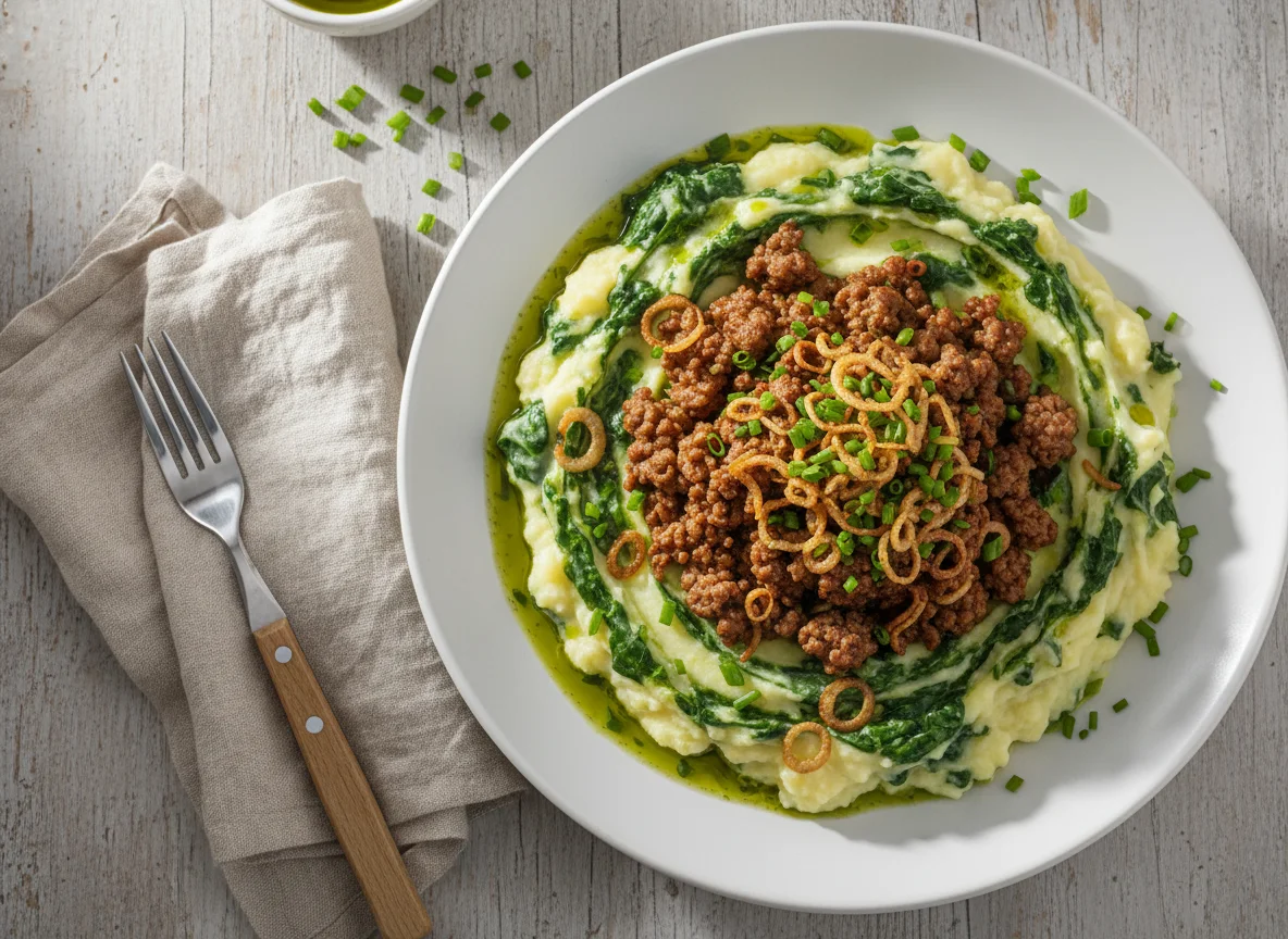 Kartoffelpüree mit Spinat und Rindergehacktes photo