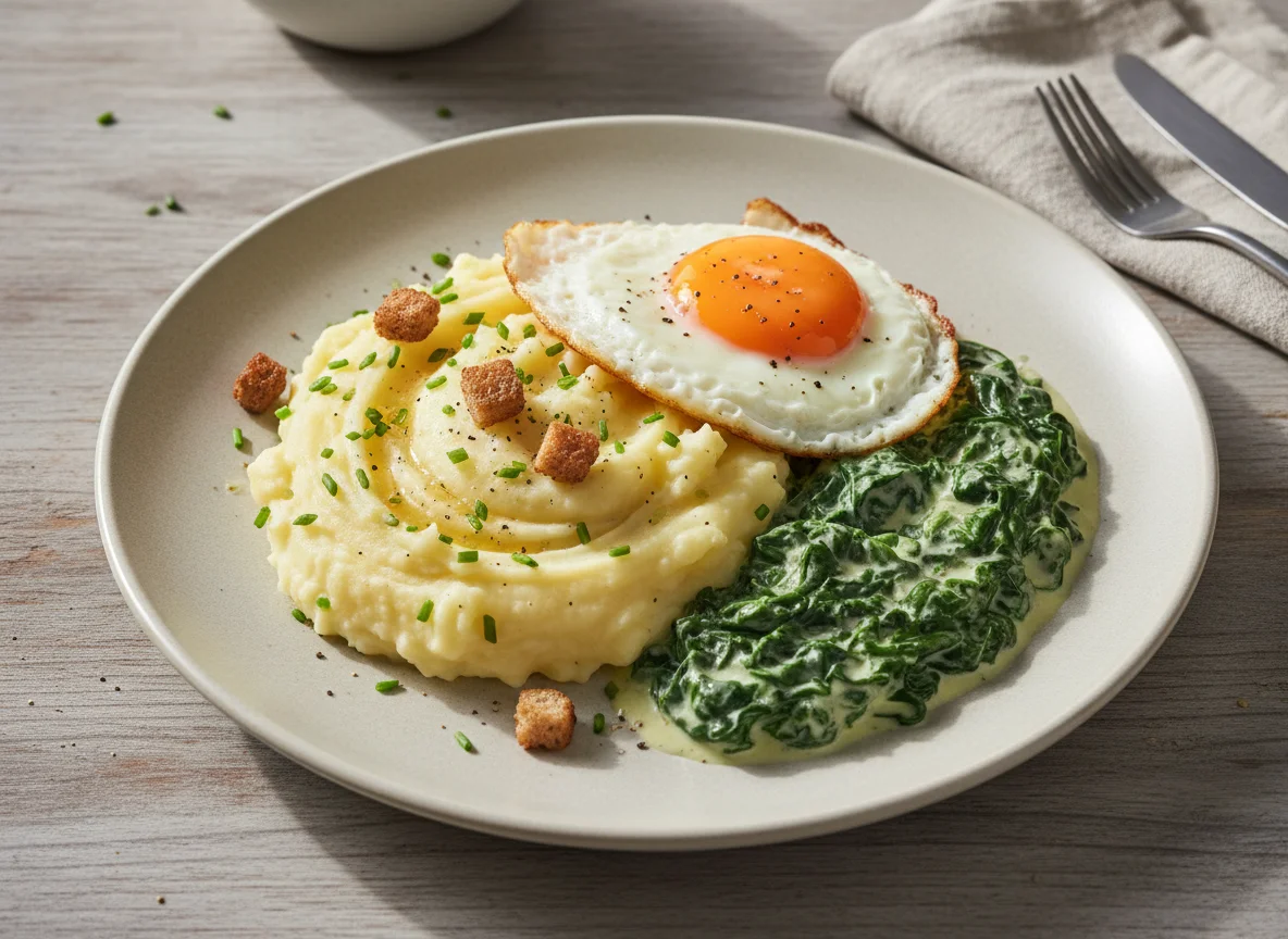 Kartoffelpüree mit Spinat und Spiegelei photo