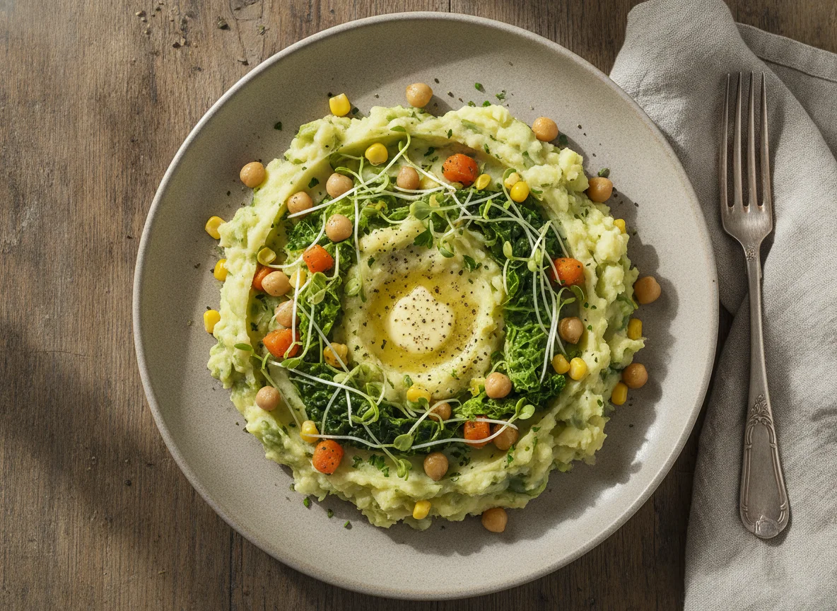 Kartoffelpüree mit Wirsing und Sprossen photo