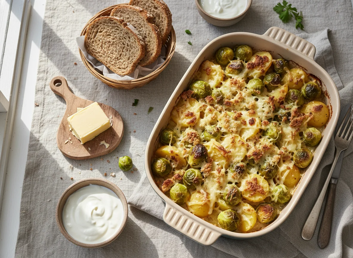 Kartoffel-Rosenkohl-Auflauf mit Beilagen photo
