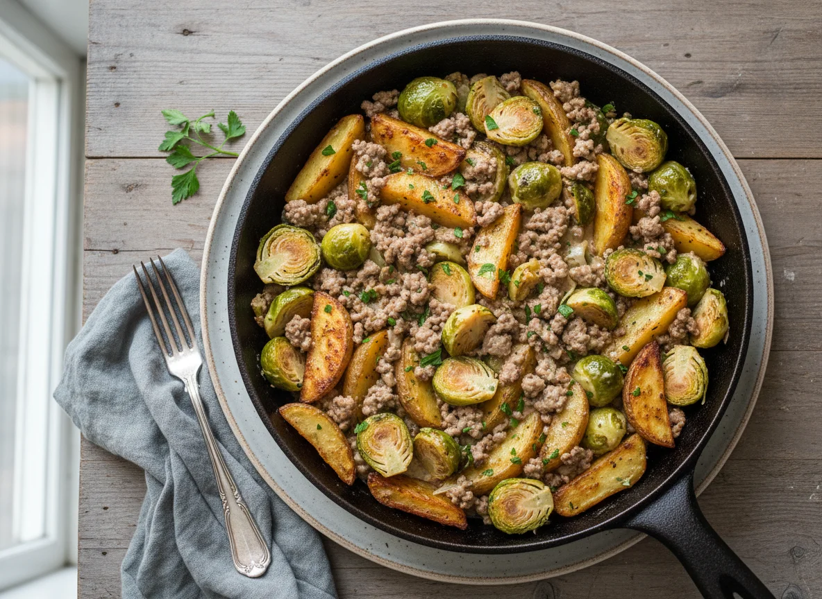 Kartoffel-Rosenkohl-Pfanne mit Hackfleisch photo