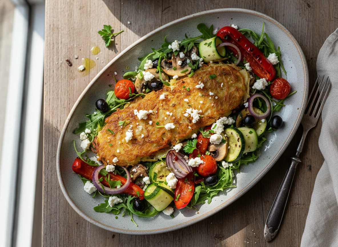 Kartoffelrösti mit Feta und gebratenem Gemüse photo
