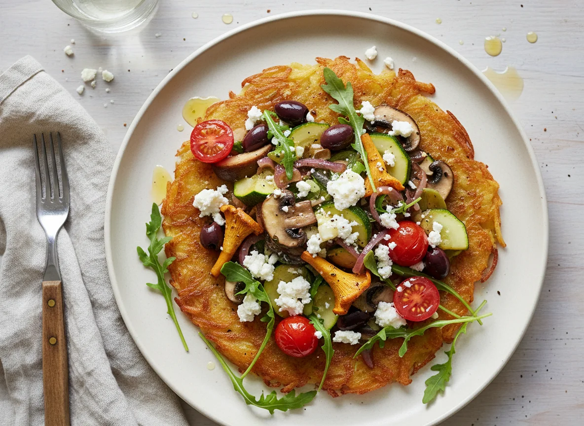 Kartoffelrösti mit Pilzgemüse und Feta photo