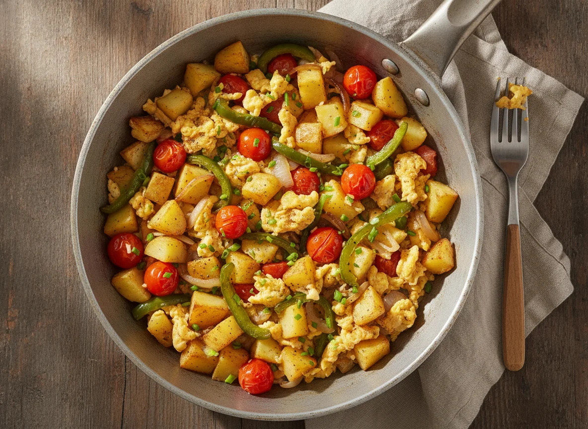 Kartoffel-Rührei-Pfanne mit Gemüse photo