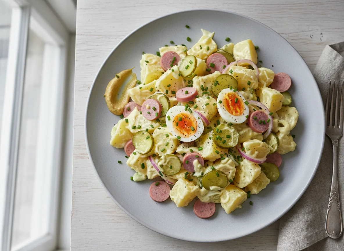 Kartoffelsalat mit Ei und Wurst photo