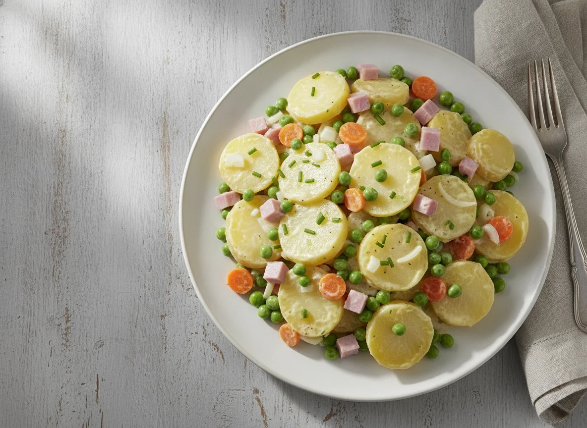 Kartoffelsalat mit Erbsen und Schinken photo