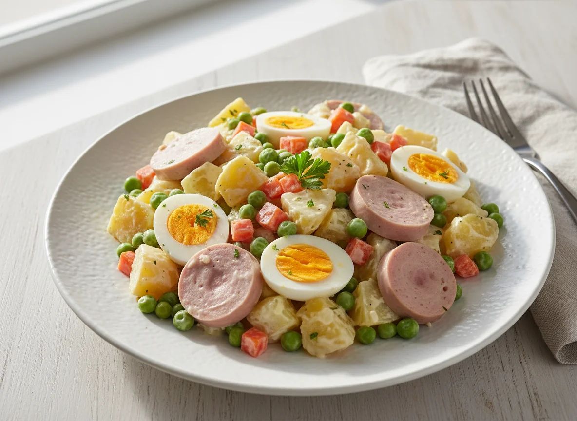 Kartoffelsalat mit Mayonnaise und Wurst photo