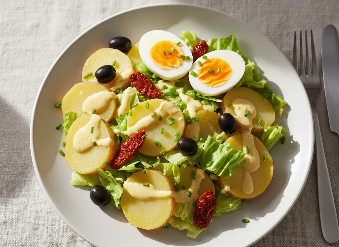 Kartoffel-Salat mit Oliven und Dressing photo