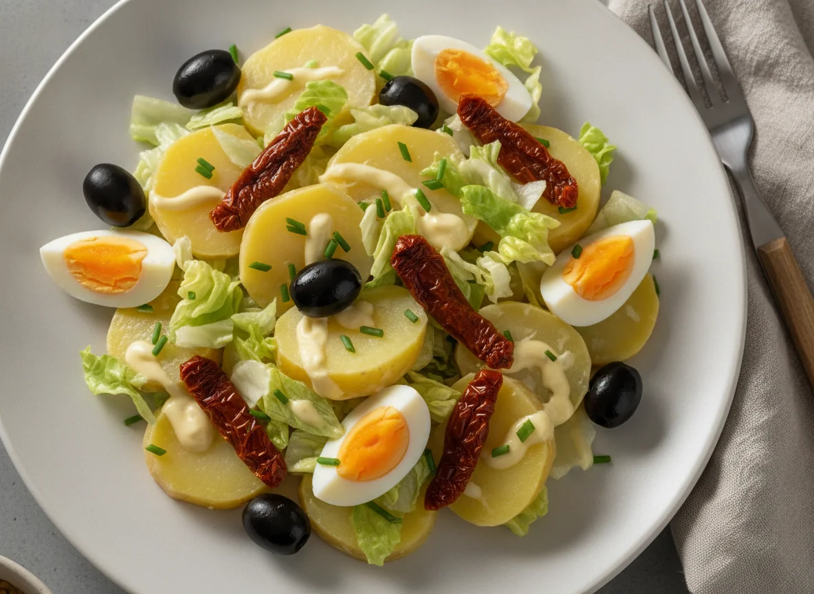Kartoffel-Salat mit Oliven und getrockneten Tomaten photo