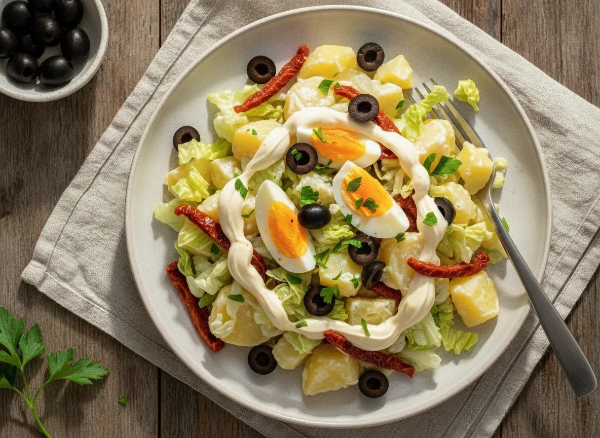 Kartoffel-Salat mit Oliven und Mayonnaise photo