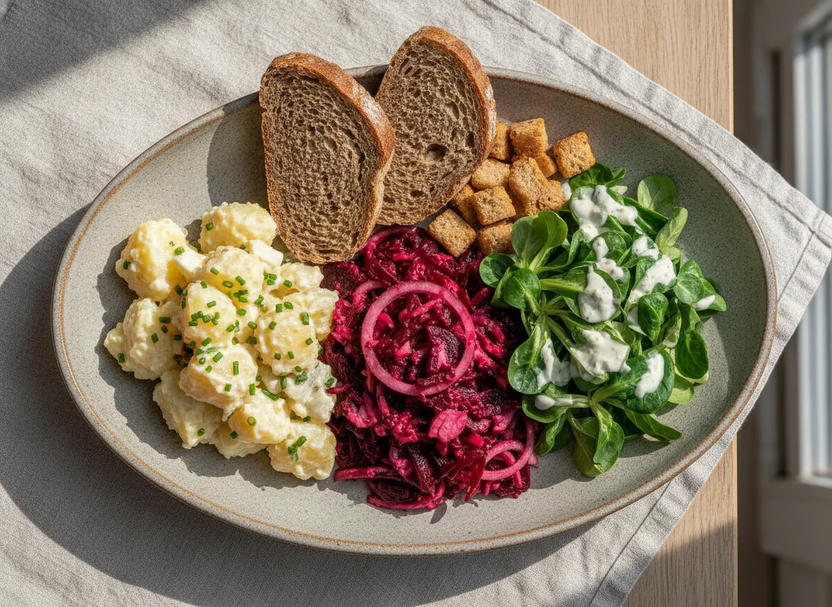 Kartoffelsalat mit Roter Bete, Feldsalat und Brot photo