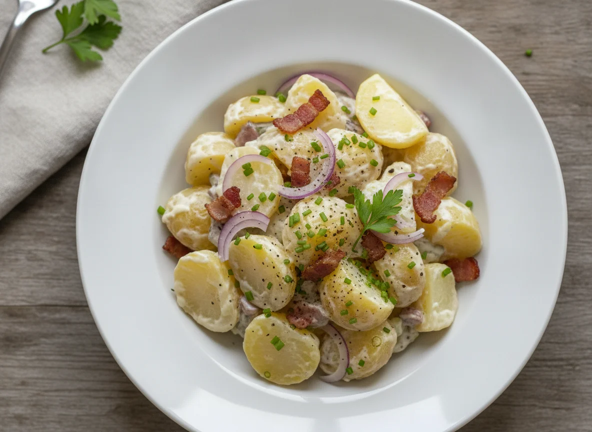 Kartoffelsalat mit Speck und Mayonnaise-Dressing photo