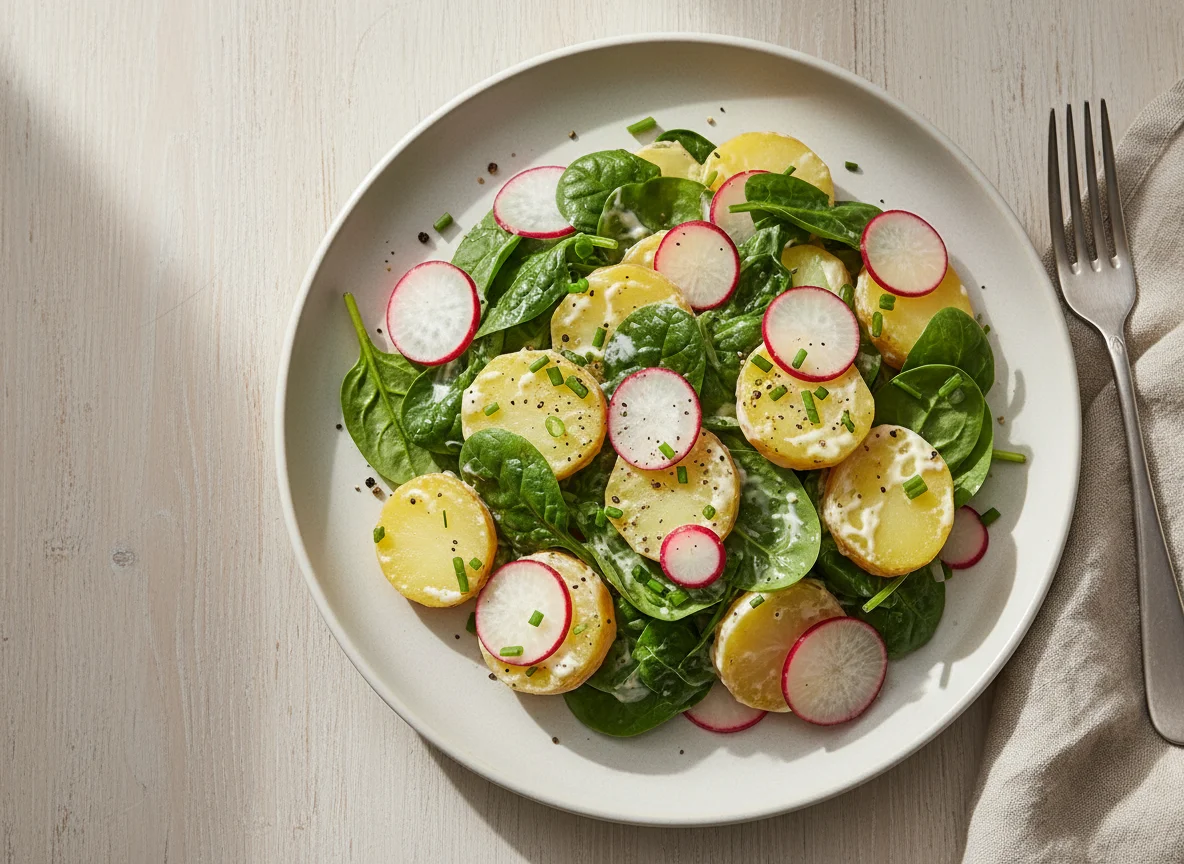 Kartoffelsalat mit Spinat und Radieschen photo