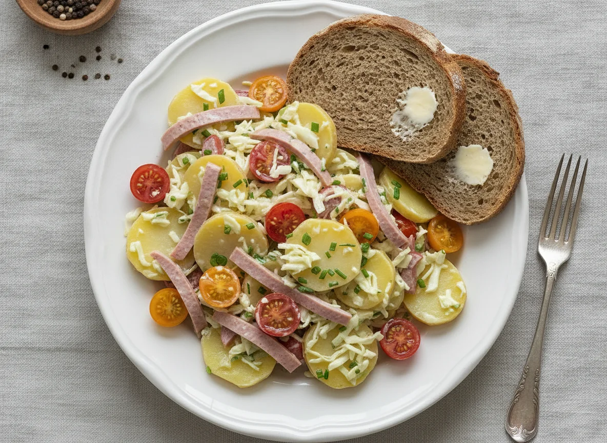 Kartoffelsalat mit Wurst und Gemüse photo
