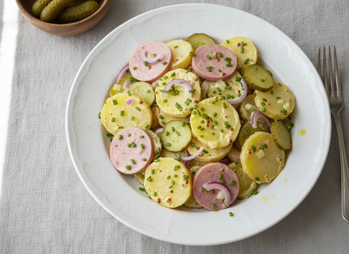 Kartoffelsalat mit Wurst und Gurken photo