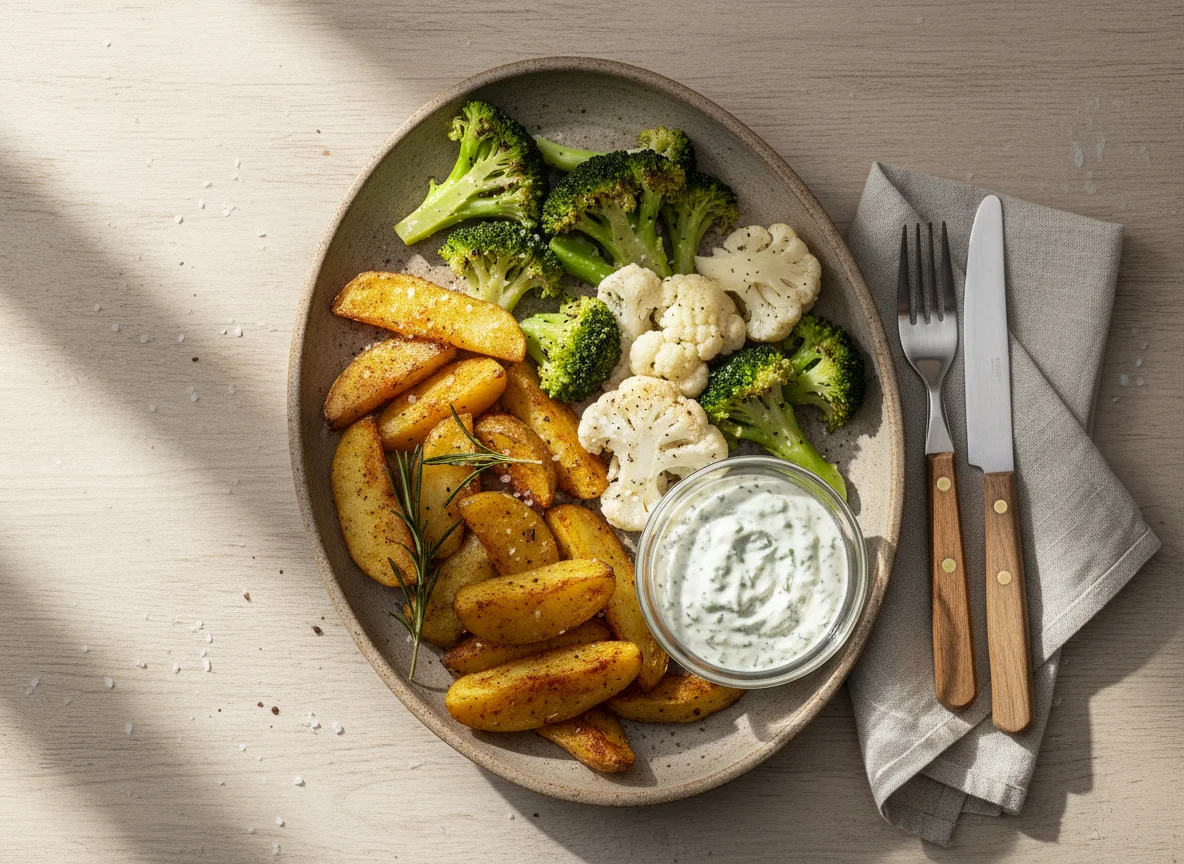 Kartoffelspalten mit Brokkoli und Blumenkohl photo