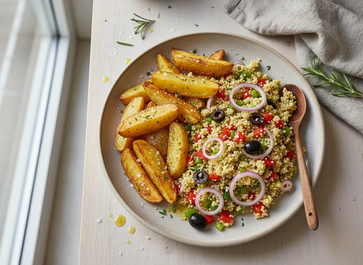 Kartoffelspalten mit Couscous-Salat photo