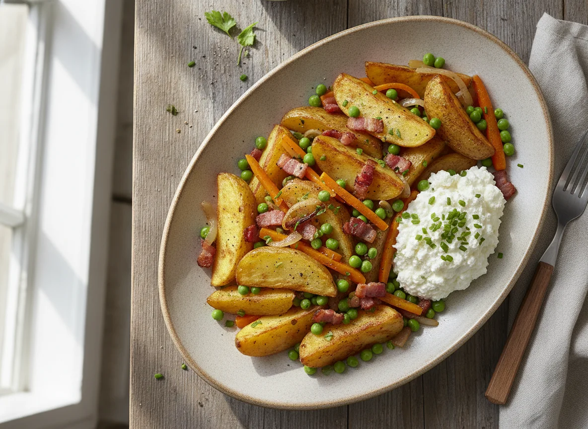 Kartoffelspalten mit Erbsen, Karotten, Speck und Hüttenkäse photo