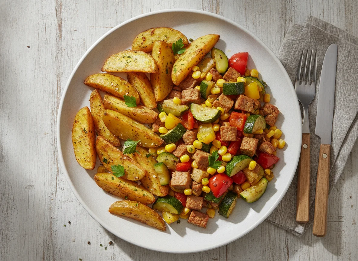 Kartoffelspalten mit Gemüsepfanne und Seitan photo