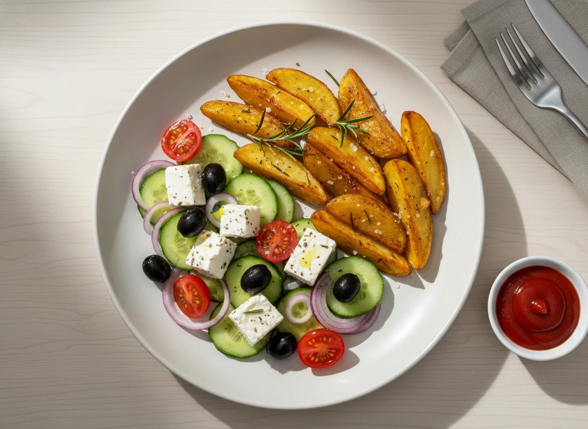 Kartoffelspalten mit griechischem Salat und Ketchup photo