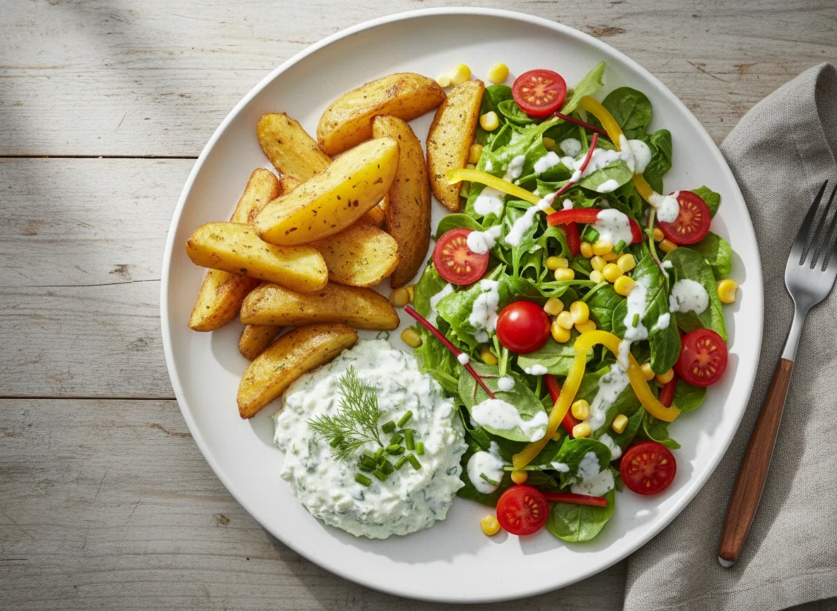Kartoffelspalten mit Kräuterquark und Salat photo