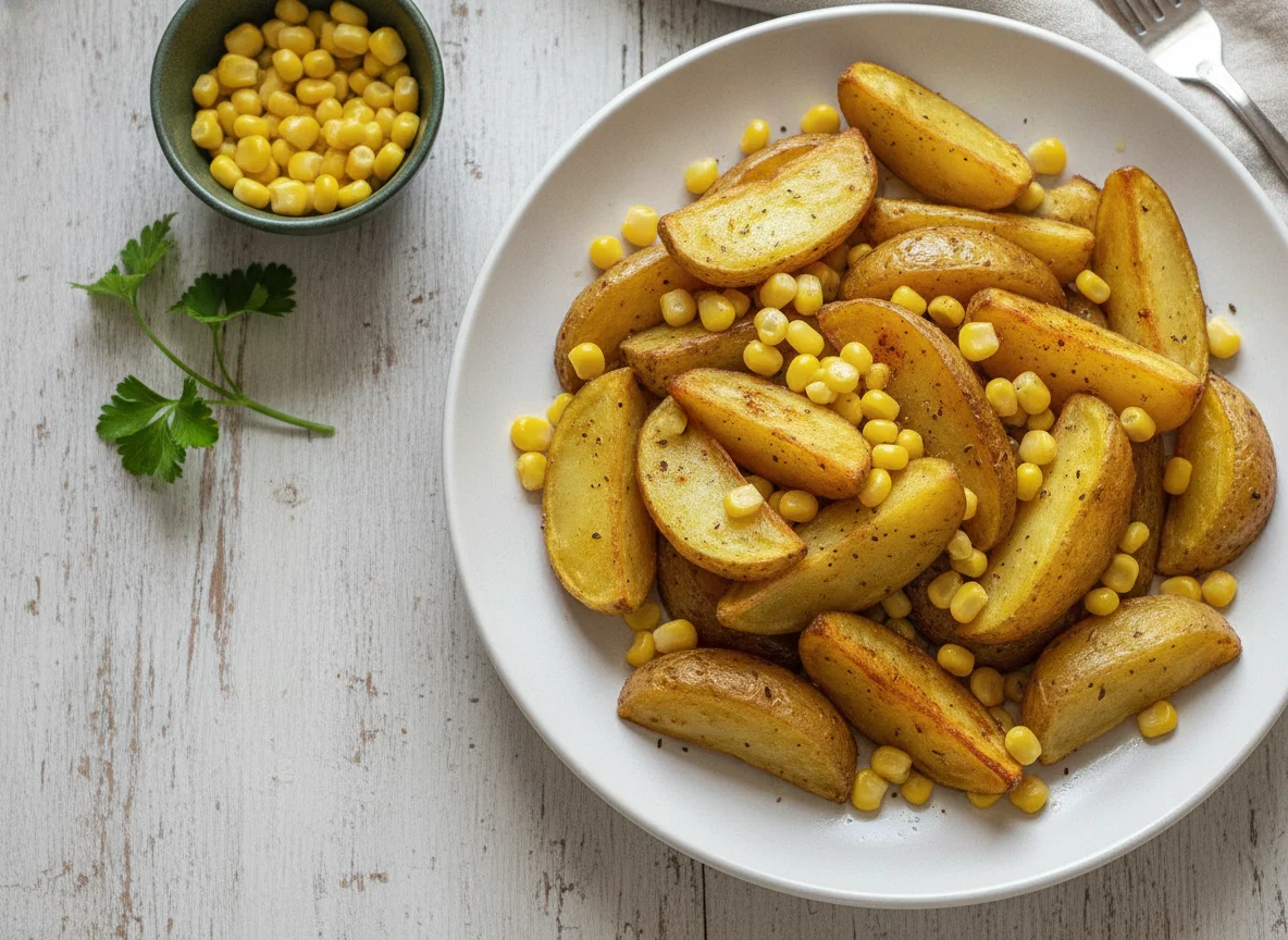 Kartoffelspalten mit Mais photo