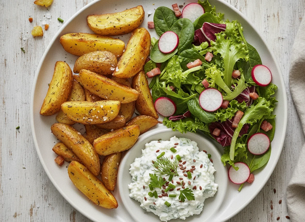 Kartoffelspalten mit Salat und Kräuterquark photo