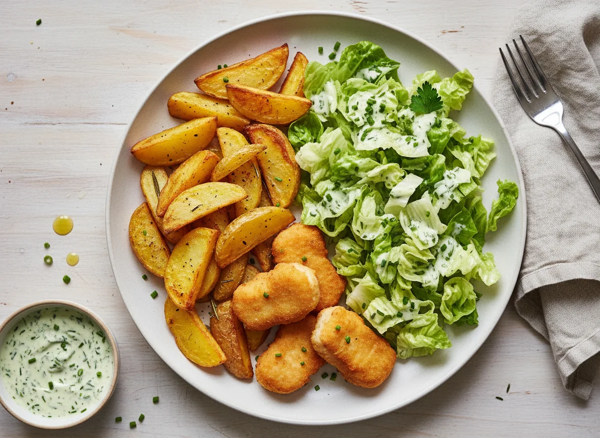 Kartoffelspalten mit Salat und Sauce photo