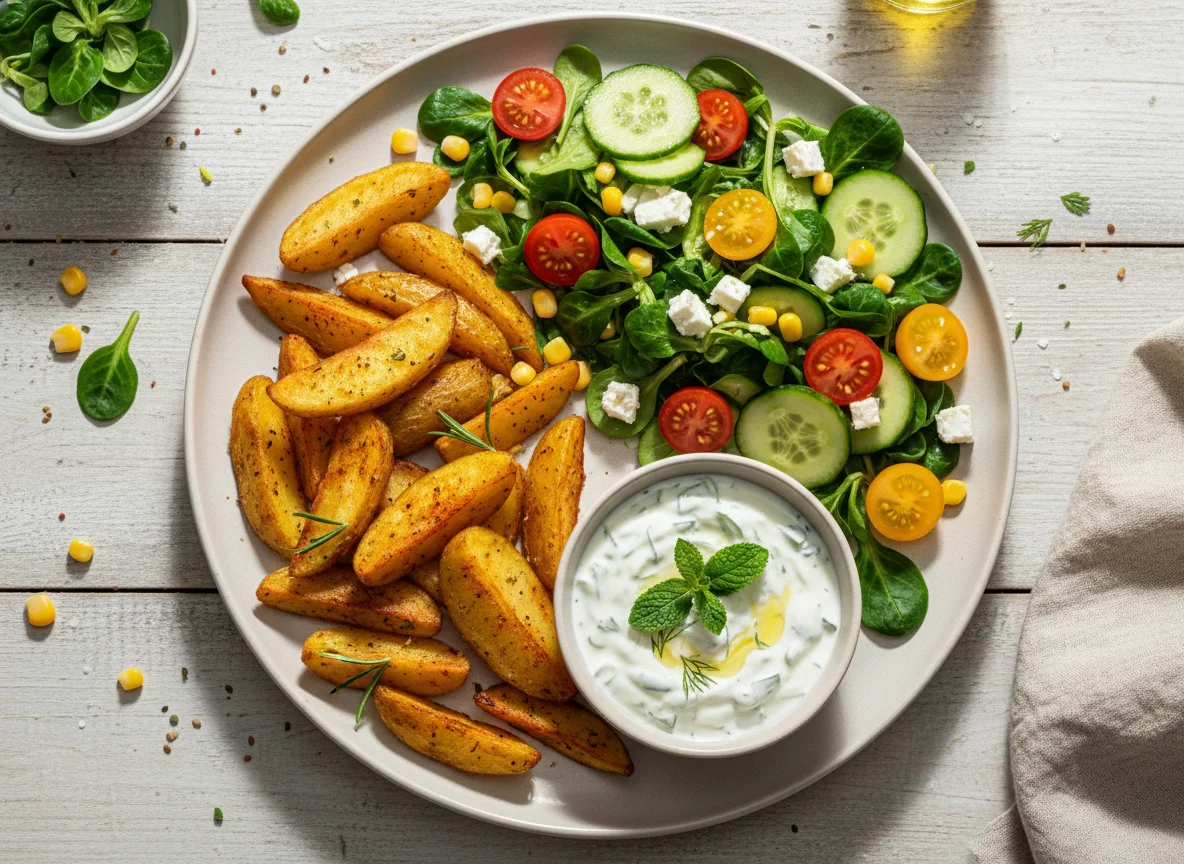 Kartoffelspalten mit Salat und Tzatziki photo