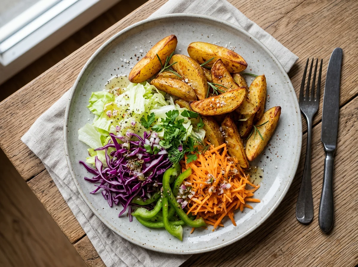 Kartoffelspalten und Salat photo