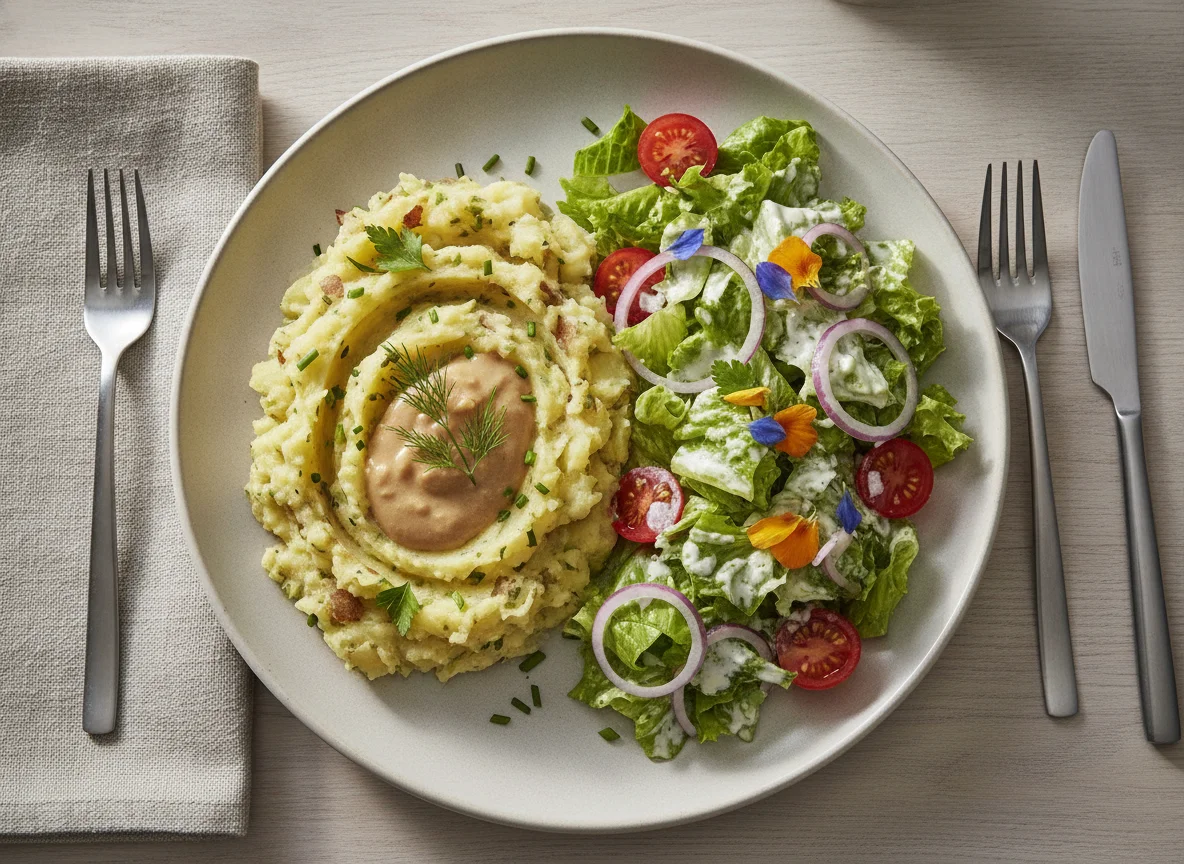 Kartoffelstampf mit gemischtem Salat photo