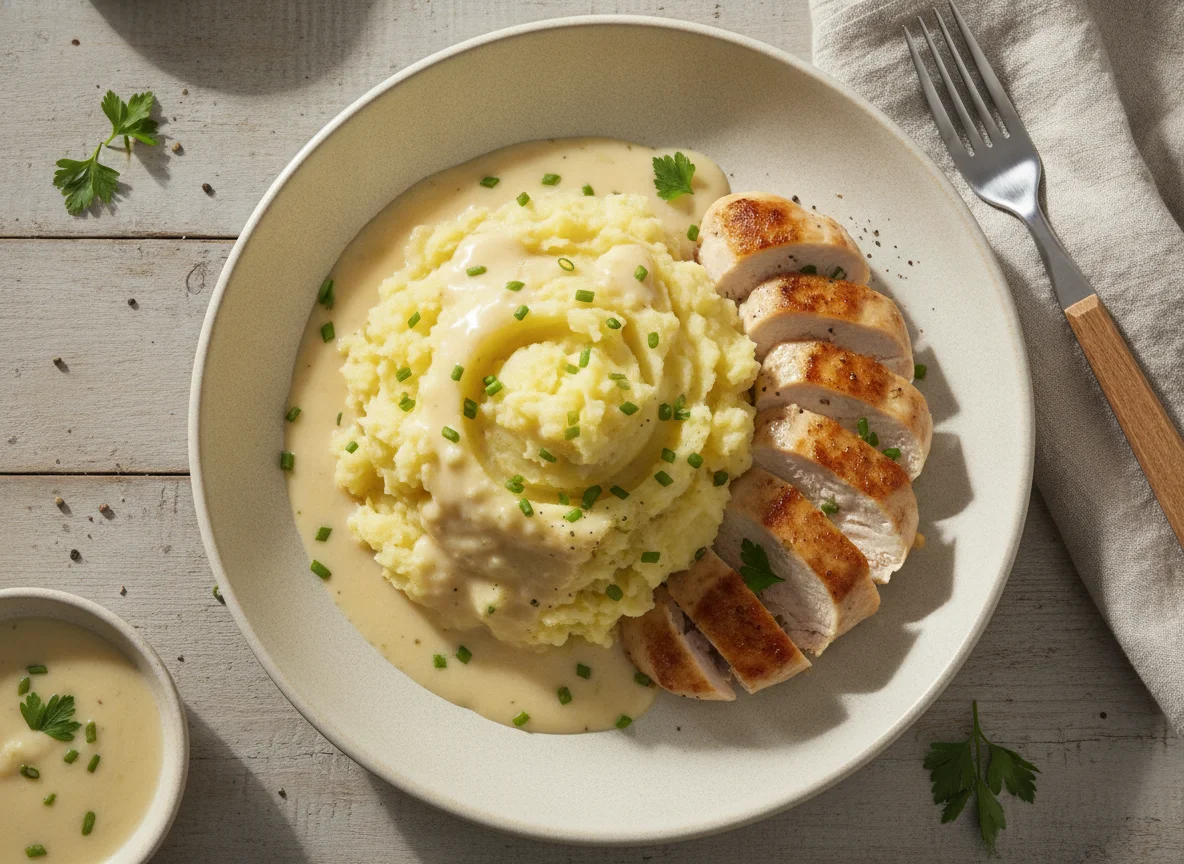 Kartoffelstock mit Rahmsauce und Poulet photo